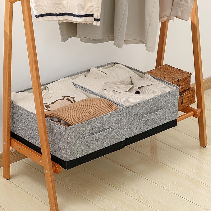 Linen Folding Storage Bins, 3 Pack Large Storage Baskets, Washable, Clothing Storage Bins with Handle, Closet Organizer for Storage Sweater,Sheets (gray black, 18½"x13½"x8½")