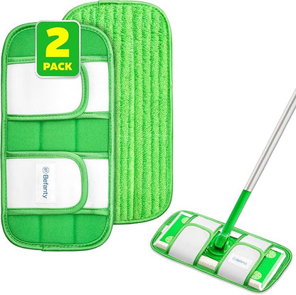 2 Pack Reusable Microfiber Mop Pads, Compatible with Swiffer Sweeper, Machine Washable Cloths, Refills for All Floor Cleaning, Hook and Loop, Wet Dry - 10"- 12"