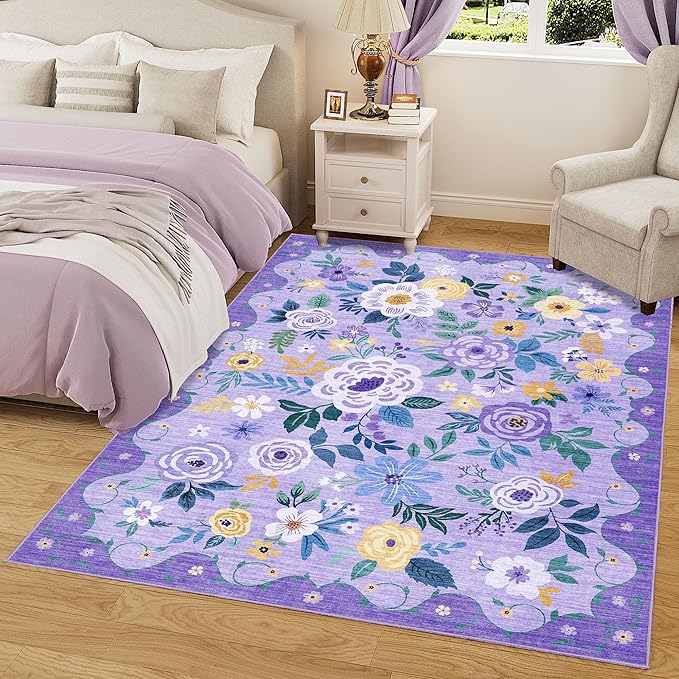 DUKINO 5x7 Area Rug, Floral Rugs for Living Room, Lightweight Non Slip Washable Rug, Indoor Low Pile & Non-Shedding Boho Design Rugs for Bedroom, Playroom, Dining Room, Purple