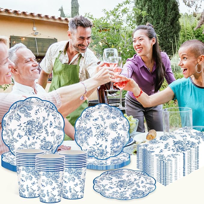100pcs Blue Floral Paper Plates Napkins Flower Scalloped Tableware | Disposable