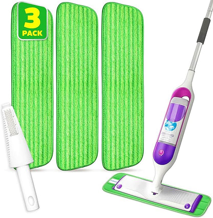 3 Pack Reusable Microfiber Mop Pads, Compatible with Swiffer PowerMop and Bona Mop, Machine Washable Cloths, Scraper Included, Refills for All Floor Cleaning, Wet Dry - 16"- 18"