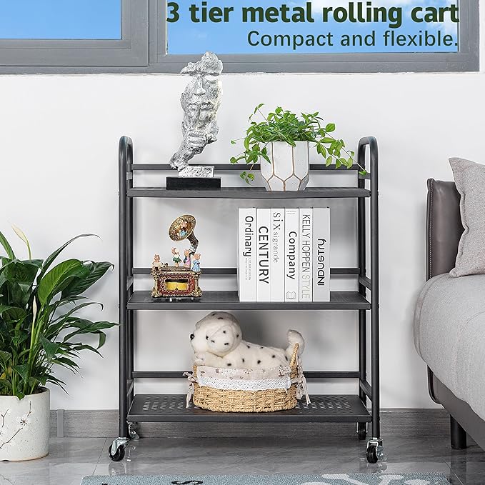 HDANI 3 Tier Metal Rolling Heavy Cart Supports 40 Lbs Per Tier,Rolling Cart with 2 Lockable Wheels for Office,Home,Bedroom,Kitchen,Bathroom(Black)…