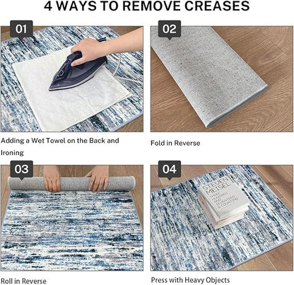 Modern Abstract Runner Rug 2.6x14, Grey Blue White Washable Long Kitchen Runner Non-Slip Soft Hallway Rug Runner Thin Print Faux Wool Carpet for Entryway Bedroom Laundry Room Indoor Home Decor