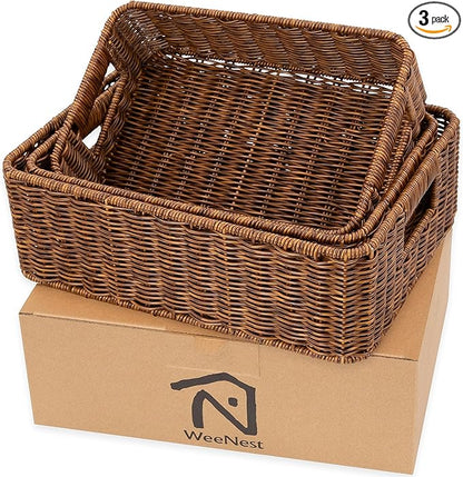 Baskets for Organizing, Undershelf Wicker Storage, Hand Woven Organizer for Closet Organization, Rectangular, Set of 3, Toffee