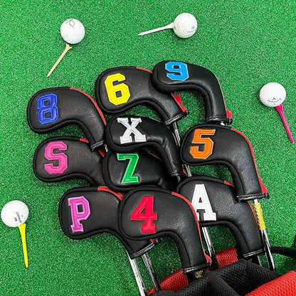 wosofe Golf Head Covers for Iron Headcover with Zipper Black Leather 10pcs Set Colorful Number Embroideried PU Leather Waterproof Fit All Brands