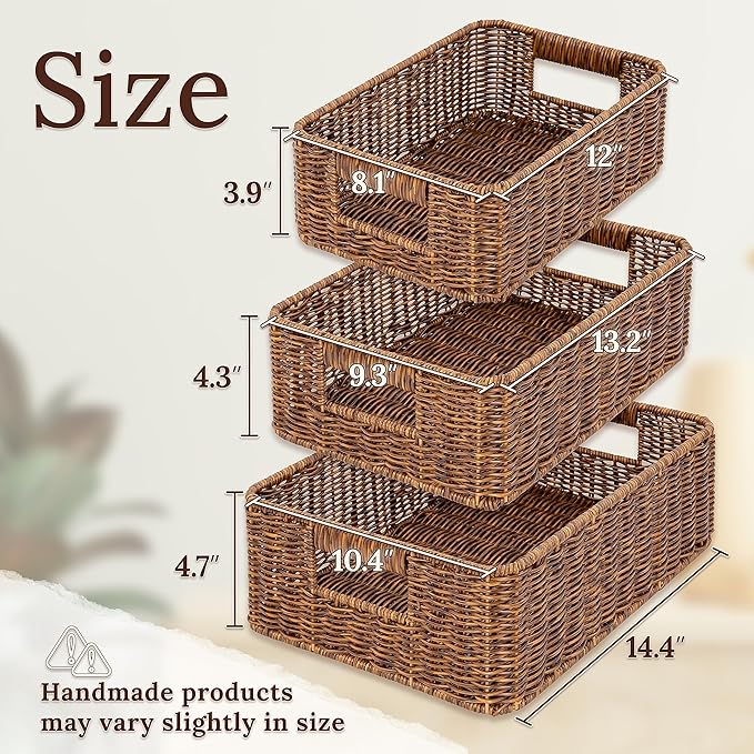 Baskets for Organizing, Undershelf Wicker Storage, Hand Woven Organizer for Closet Organization, Rectangular, Set of 3, Toffee
