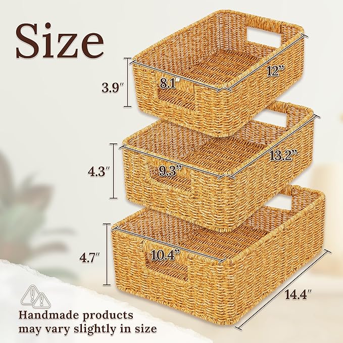 Baskets for Organizing, Undershelf Wicker Storage, Hand Woven Organizer for Closet Organization, Rectangular, Set of 3, Amber