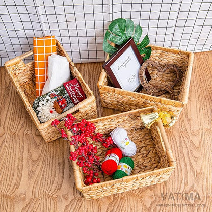 Natural Water Hyacinth storage basket with Handle, Rectangular Organizing Basket for Organizing, Decorative Wicker Storage Bins for Living Room, Medium Wicker Baskets - 3 Pack Medium
