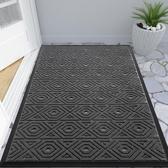 Yimobra Modern Geometric Welcome Doormat, 47 x 32 Inch, Grey, Waterproof, Non Slip, Stain & Fade Resistant, Low Pile, Sturdy Rubber, Easy Clean, Indoor/Outdoor