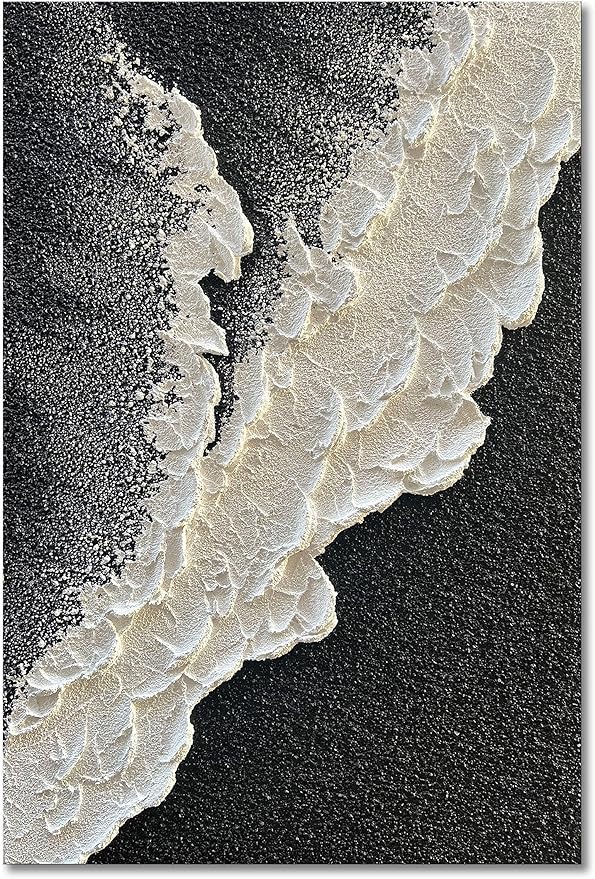 NANKAI Handcrafted Thick Texture Black and White Abstract Canvas Art Ocean Wave Beach Landscape Oil Painting Home Wall Art Deco Oil Painting 24X36 Inches