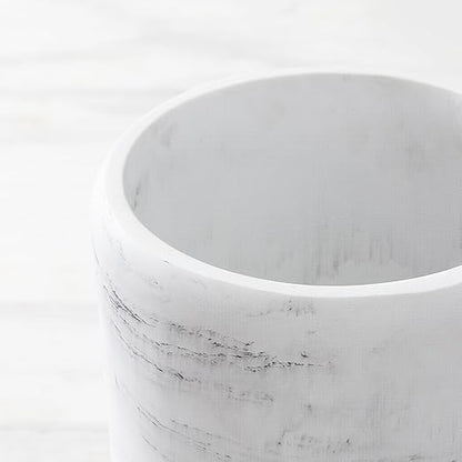 Bathroom Trash Can - Decorative Wastebasket Finished in Resin, Beautiful Marble Look, Modern Round Waste Basket for Bathroom, Powder Room Or Living (Marble Style), white