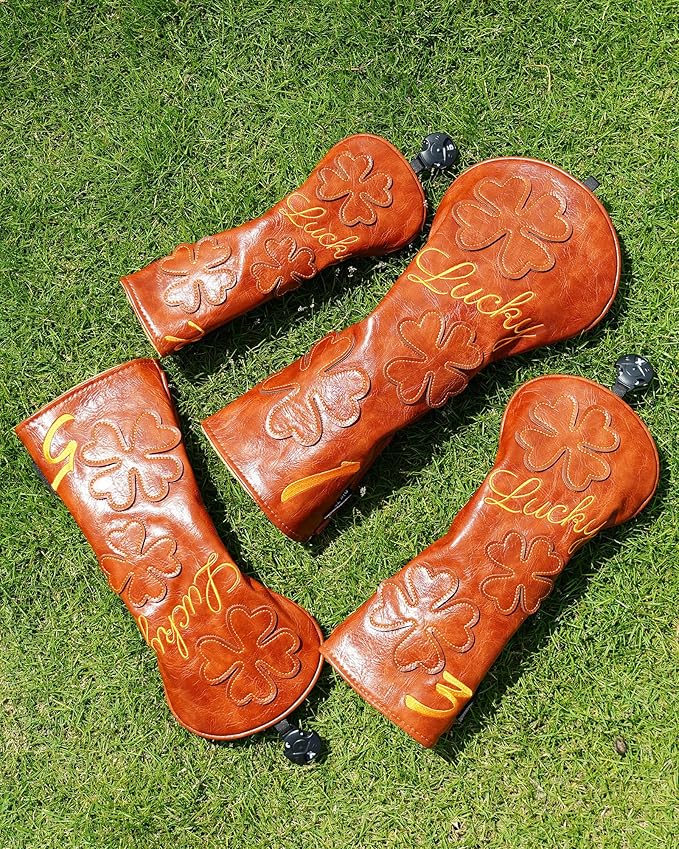 Golf Headcovers Golf Club Head Covers Four Leaf Clover Good Luck Charm - Clover Style Premium Leather Driver Fairway(FW) Wood Hybrid(UT) with Number Tags